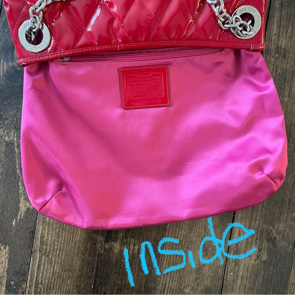Coach Red Patent Quilted Shoulder Bag with Chain Straps - Picture 7 of 11